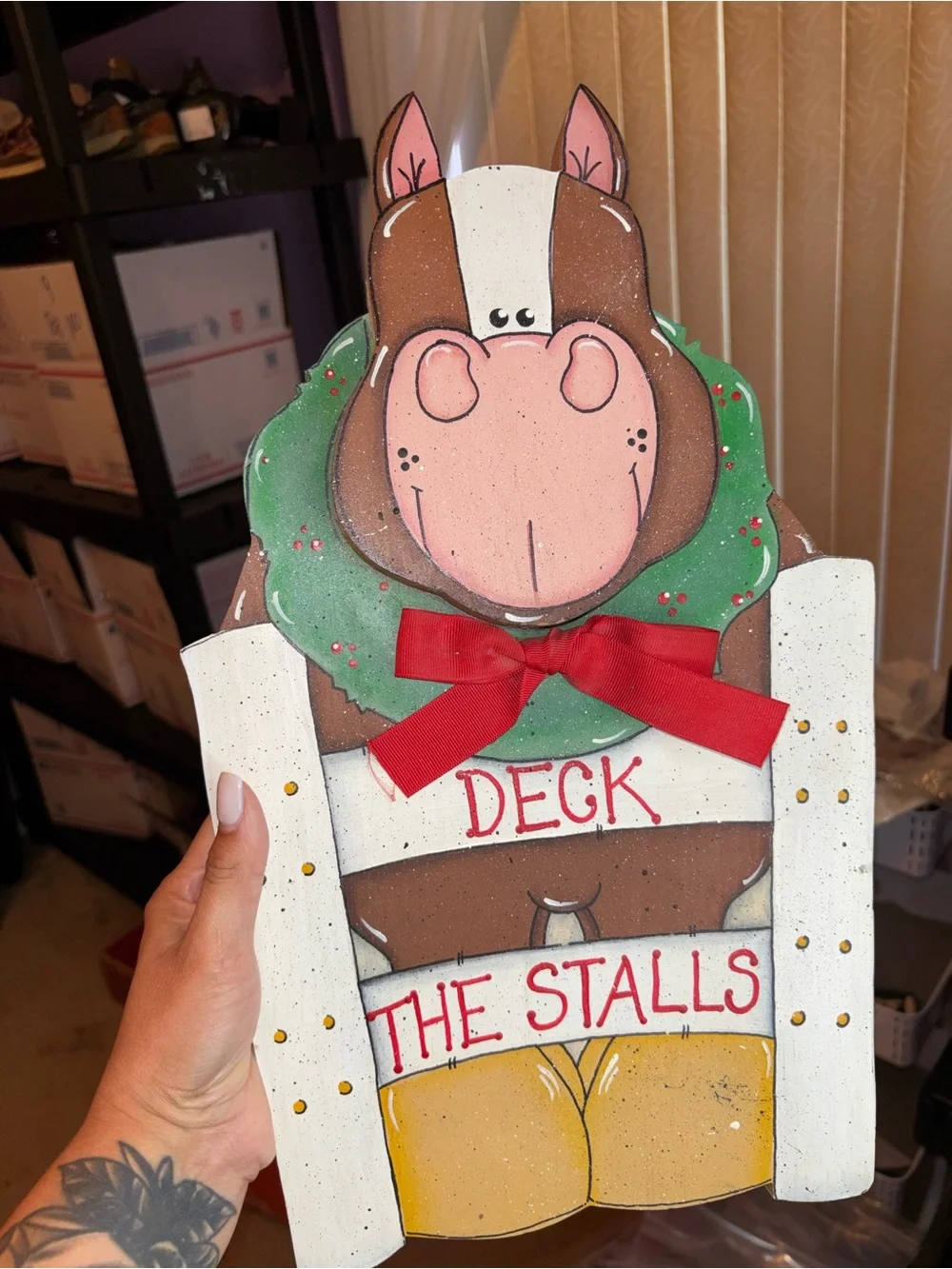 Hand-Painted Holiday Horse Door Hanger - Brown/Pink
